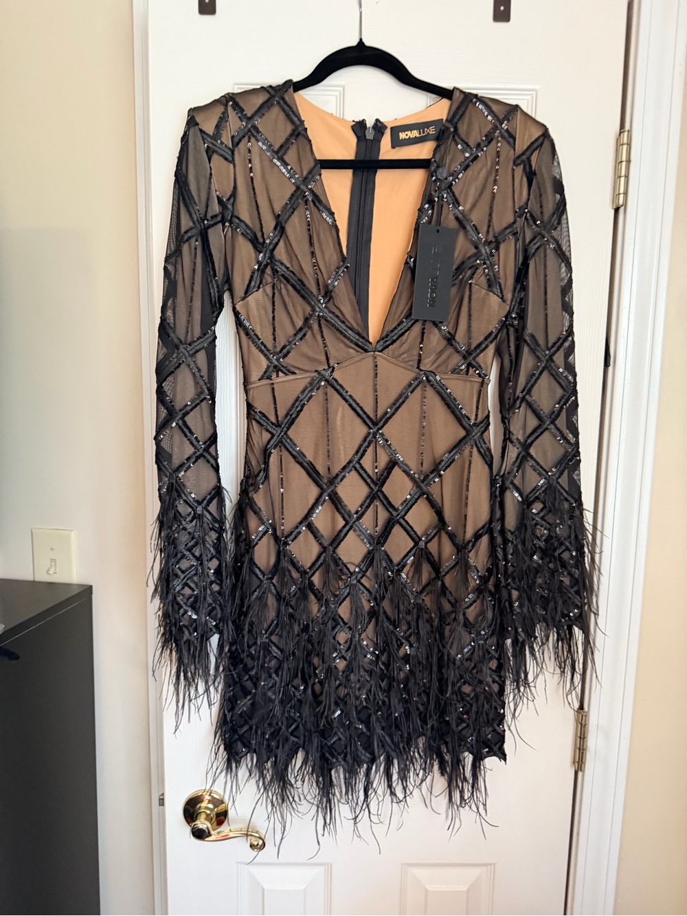 Fashion Nova Black Feather-Trim Lattice Mini Dress